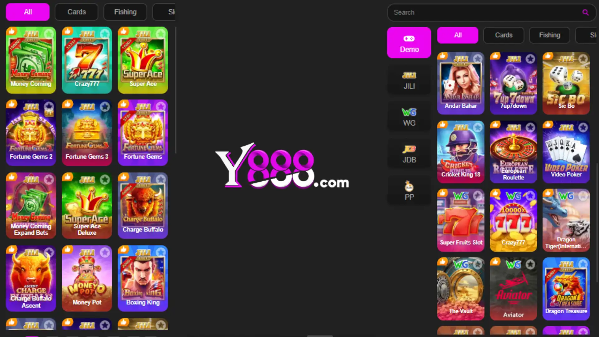 Y888 Game APK lobby showing slots and card games Y888 Game APK lobby showing slots and card games